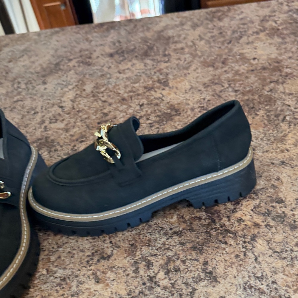 Black Loafers with Gold Chain Detail